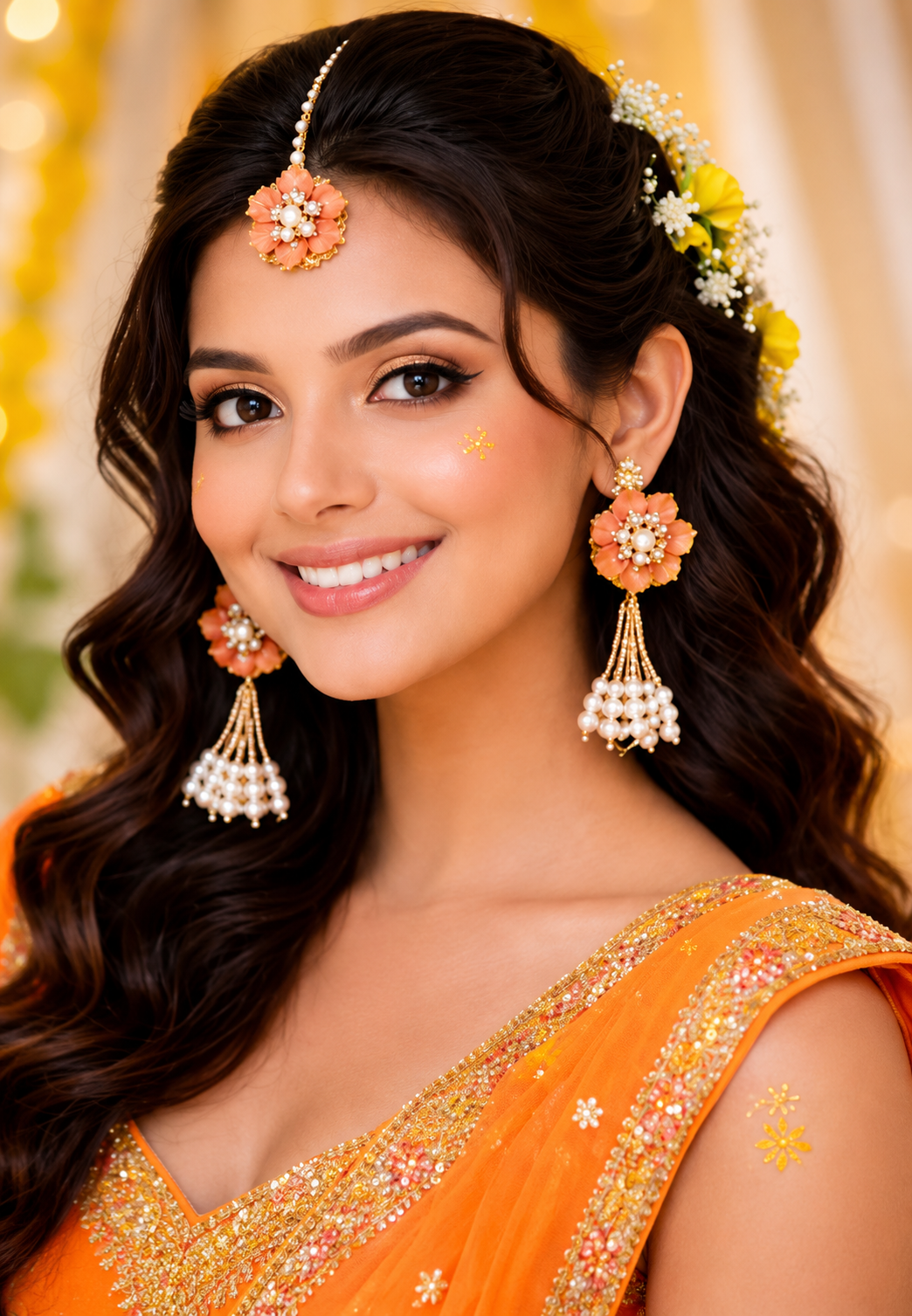 Peach Floral Jewelry Set – Handmade Earrings & Maang Tikka with Pearl Tassels for Haldi, Mehendi and Wedding Functions, 4 Pieces