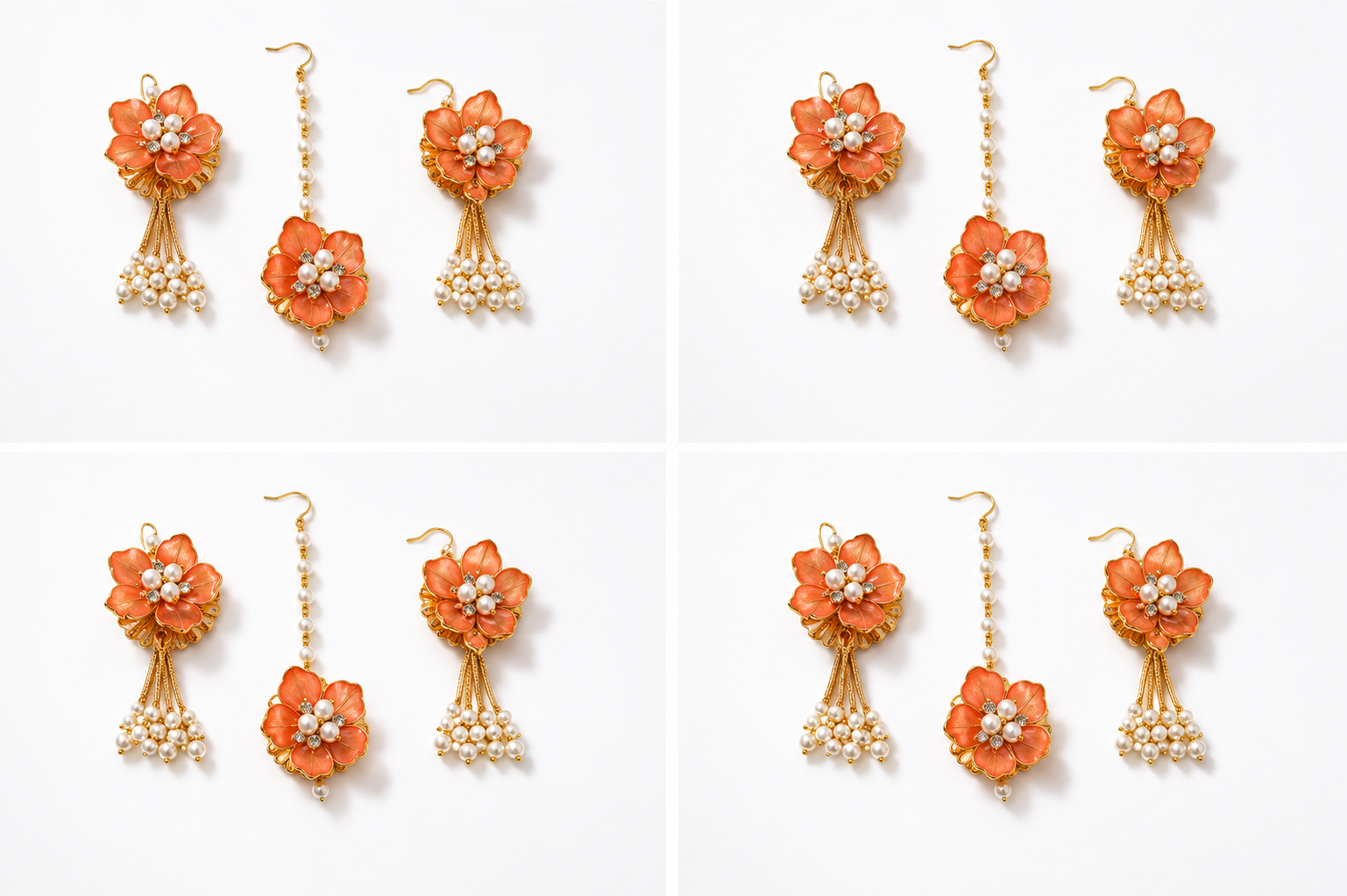 Peach Floral Jewelry Set – Handmade Earrings & Maang Tikka with Pearl Tassels for Haldi, Mehendi and Wedding Functions, 4 Pieces