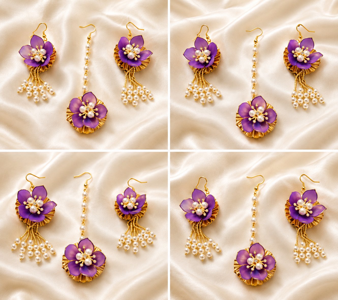 Purple Floral Jewelry Set – Handmade Earrings & Maang Tikka with Pearl Tassels for Haldi, Mehendi and Wedding Functions