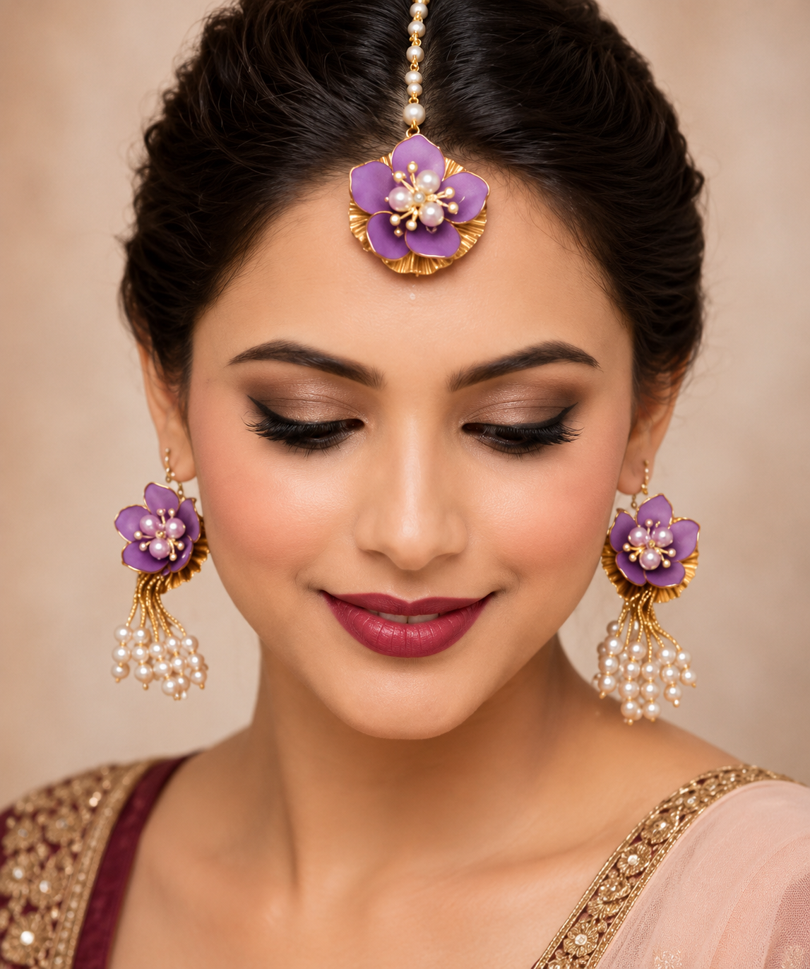 Purple Floral Jewelry Set – Handmade Earrings & Maang Tikka with Pearl Tassels for Haldi, Mehendi and Wedding Functions