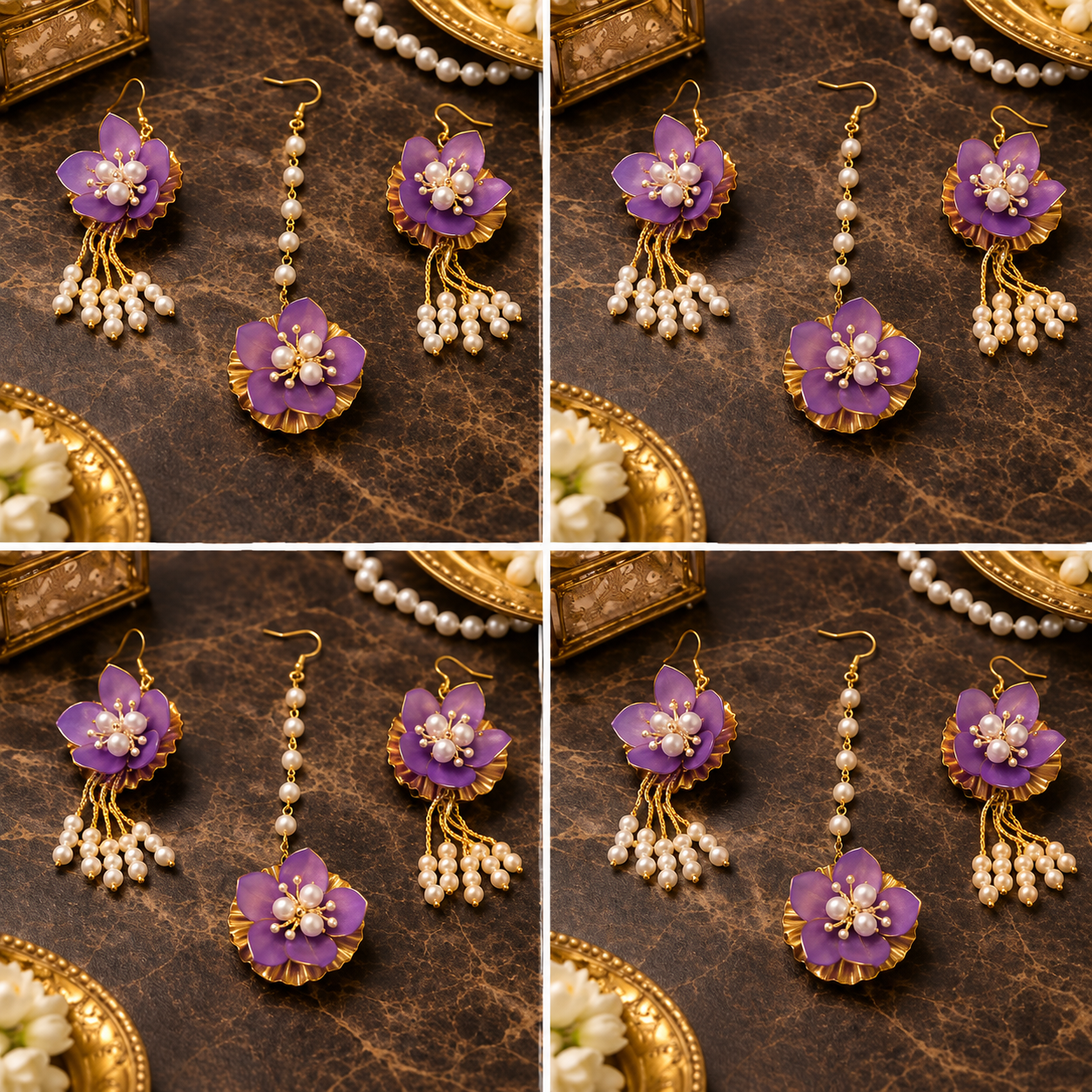 Purple Floral Jewelry Set – Handmade Earrings & Maang Tikka with Pearl Tassels for Haldi, Mehendi and Wedding Functions