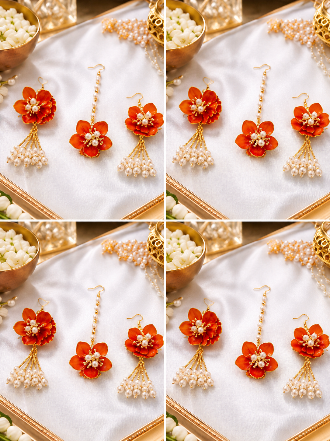 Orange Floral Jewelry Set – Handmade Earrings & Maang Tikka with Pearl Tassels for Haldi, Mehendi and Wedding Functions, 4 Pieces