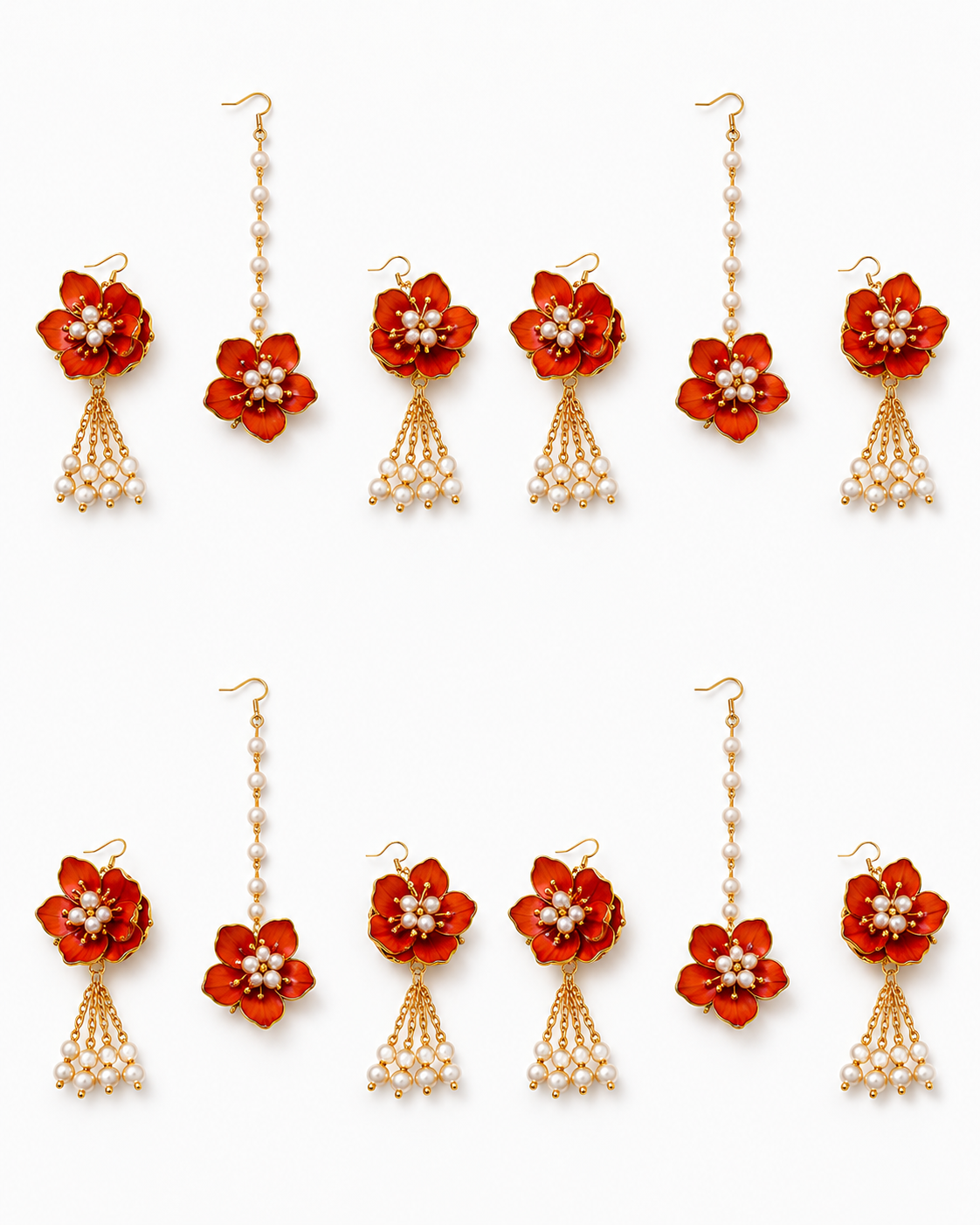 Orange Floral Jewelry Set – Handmade Earrings & Maang Tikka with Pearl Tassels for Haldi, Mehendi and Wedding Functions, 4 Pieces
