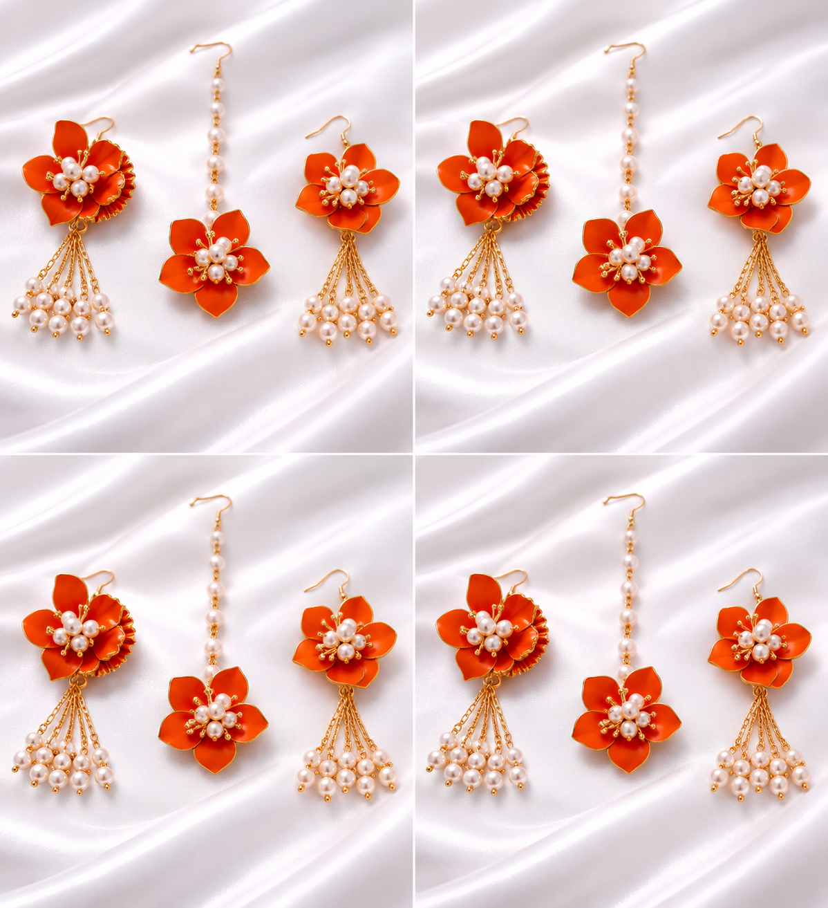 Orange Floral Jewelry Set – Handmade Earrings & Maang Tikka with Pearl Tassels for Haldi, Mehendi and Wedding Functions, 4 Pieces
