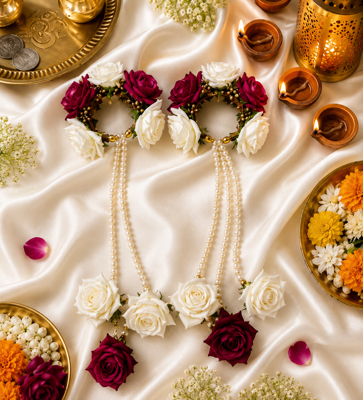 Bridal Floral Kaleera Set – Handmade White & Burgundy Rose Kaleere with Pearl Strings for Wedding, Haldi & Mehendi