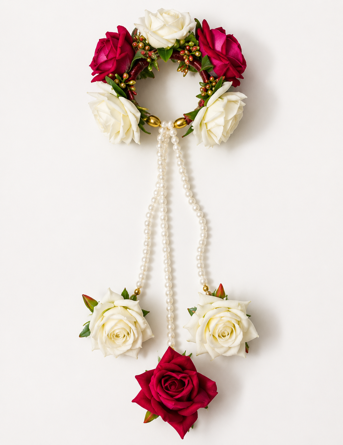 Bridal Floral Kaleera Set – Handmade White & Burgundy Rose Kaleere with Pearl Strings for Wedding, Haldi & Mehendi