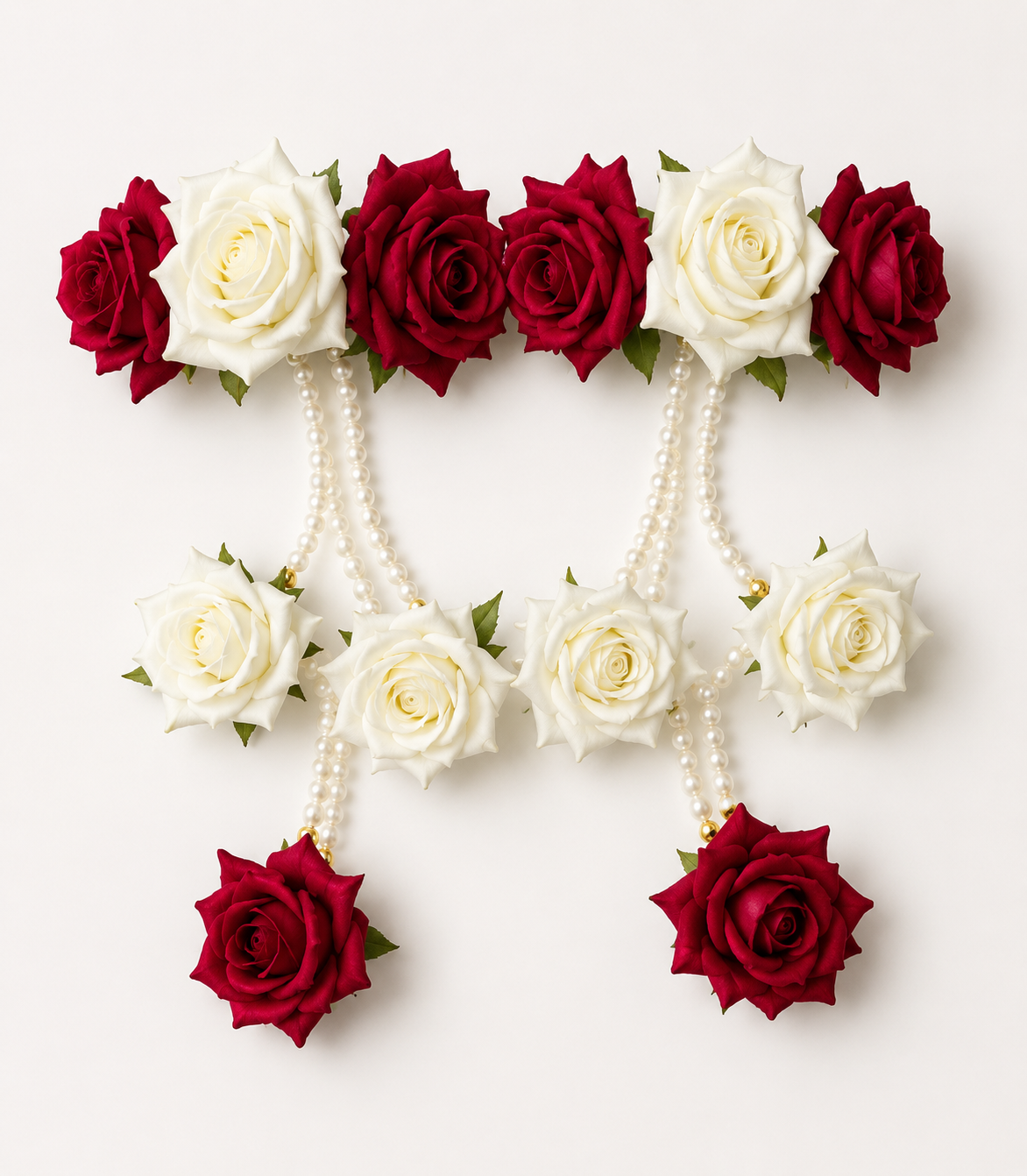 Bridal Floral Kaleera Set – Handmade White & Burgundy Rose Kaleere with Pearl Strings for Wedding, Haldi & Mehendi