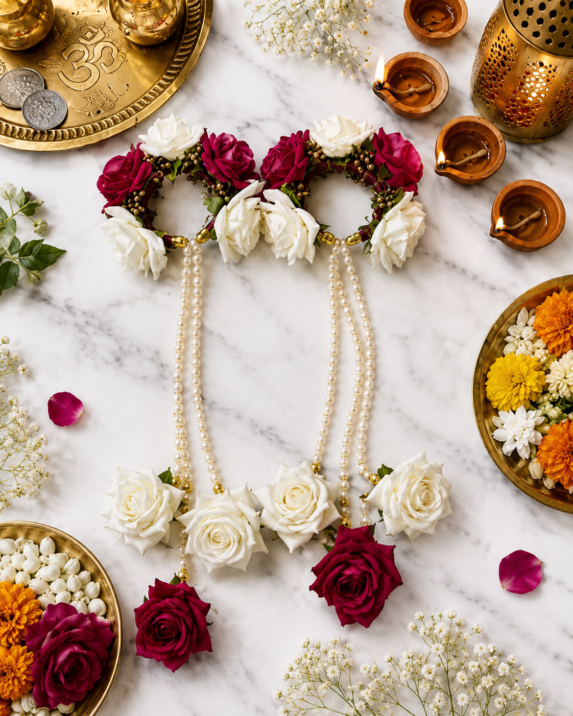 Bridal Floral Kaleera Set – Handmade White & Burgundy Rose Kaleere with Pearl Strings for Wedding, Haldi & Mehendi