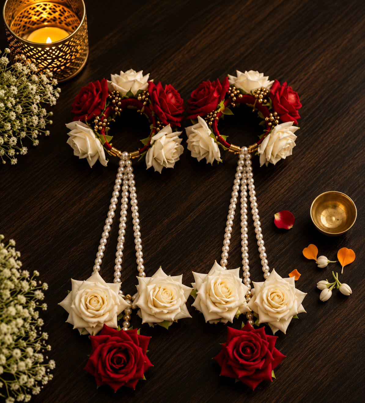 Bridal Floral Kaleera Set – Handmade Red & White Rose Kaleere with Pearl Strings for Wedding, Haldi & Mehendi