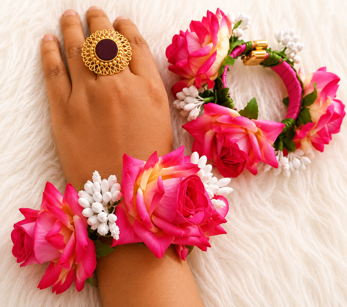 Pink Rose Floral Bracelet Set | Premium Artificial Flowers | Elegant Hand Accessory | Lightweight & Comfortable | Traditional Floral Wrist Wear for Bridal, Wedding, Engagement & Festive Occasions