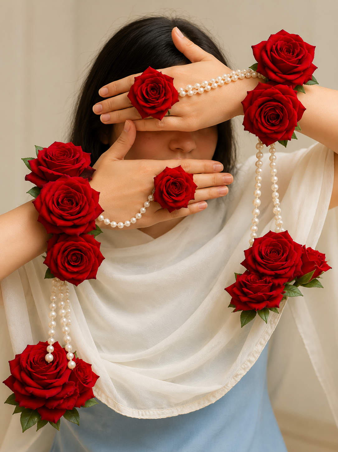 Red Rose Floral Hand Bracelet Set with Pearl Chains | Premium Artificial Flowers | Elegant Bridal Hand Accessory | Lightweight & Comfortable | Perfect for Weddings, Engagements & Festive Occasions