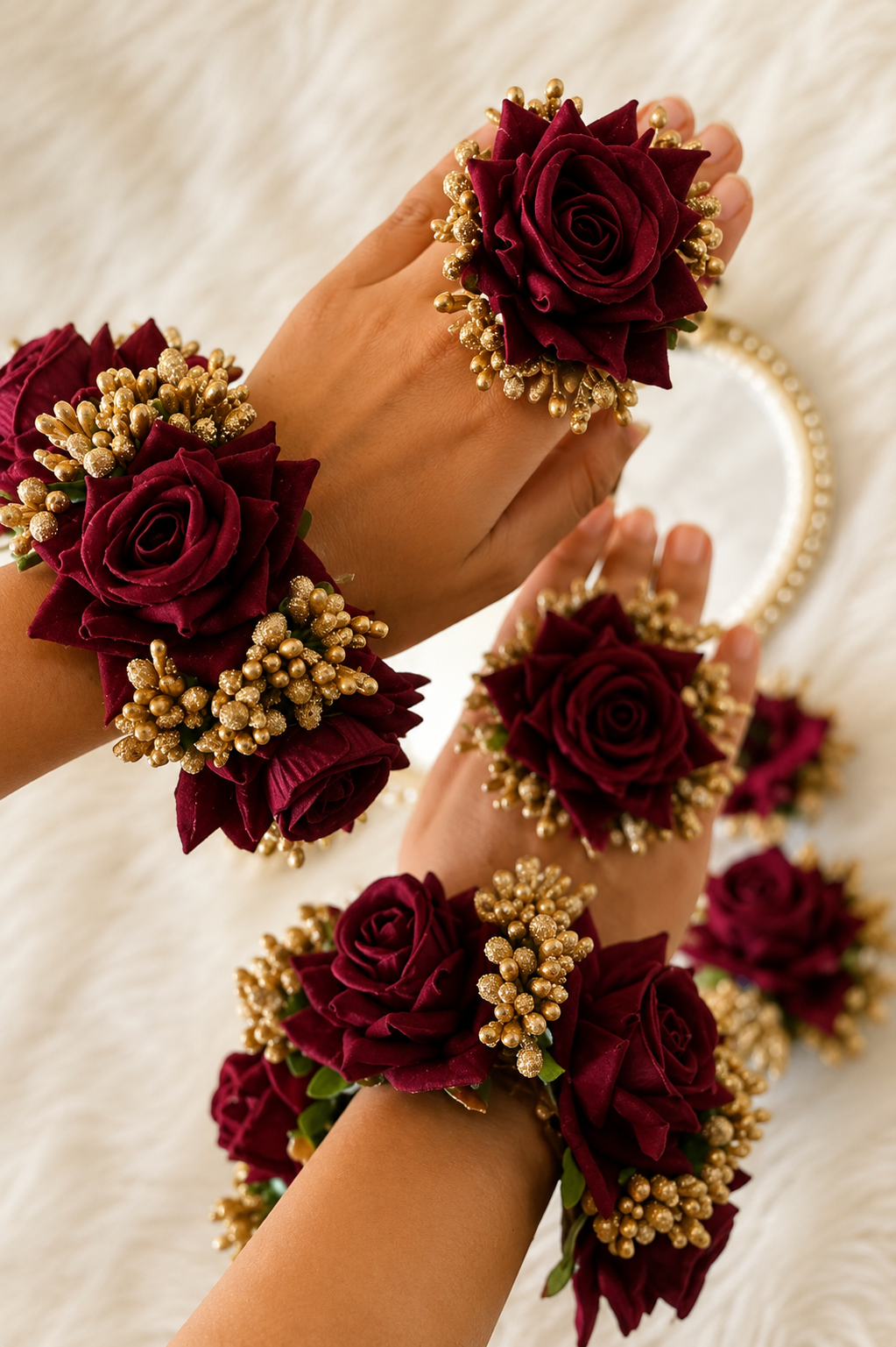 Burgundy Rose Floral Bracelet & Ring Set | Premium Artificial Flowers | Elegant Gold Bead Detailing | Lightweight & Comfortable | Bridal Hand Accessory for Weddings, Engagements & Festive Occasions