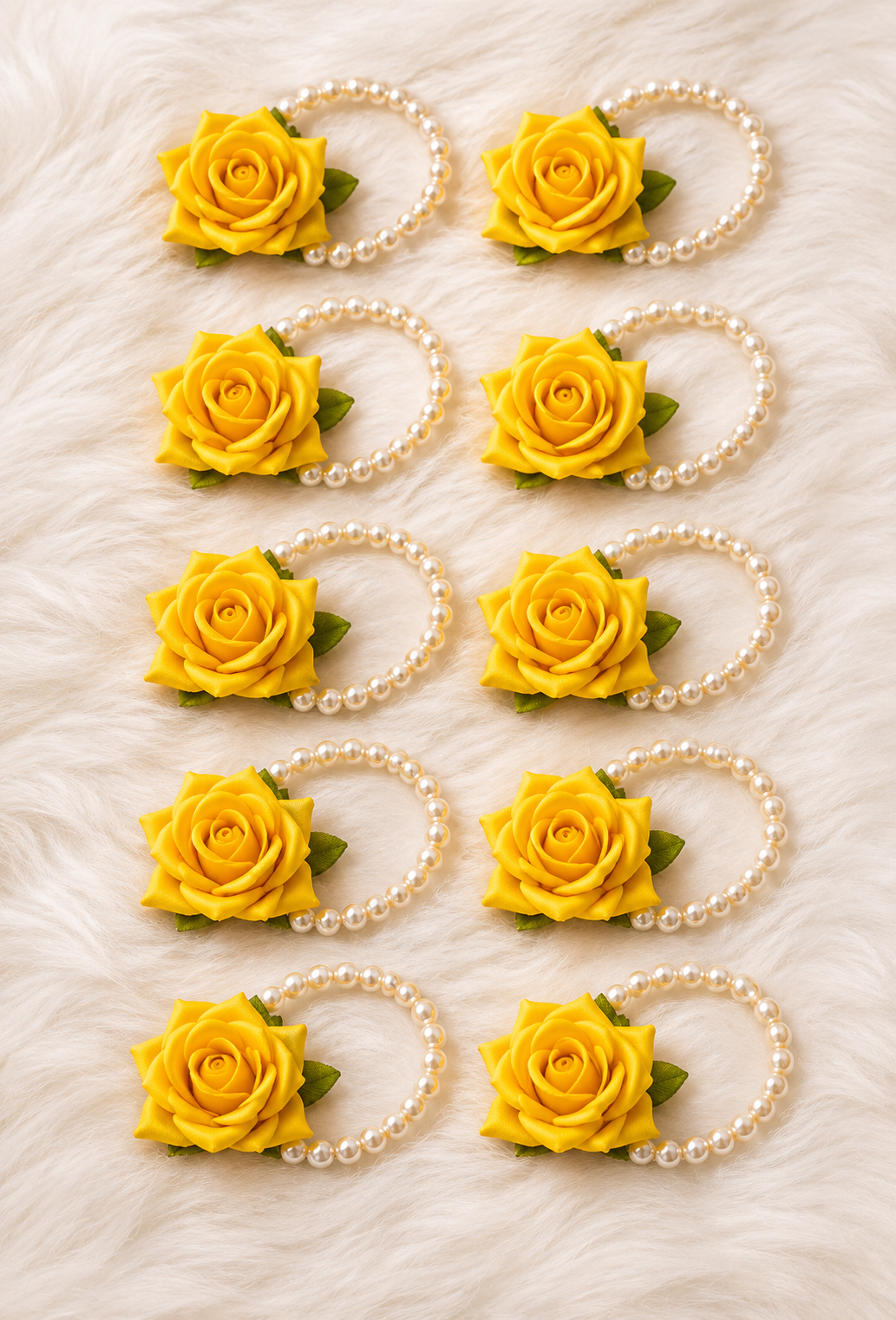 Yellow Rose Pearl Bracelet Set (Pack of 12) | Premium Artificial Flowers | Elegant Faux Pearl Wrist Bands | Lightweight & Comfortable | Perfect for Haldi, Bridal, Wedding, Festive & Return Gift Use