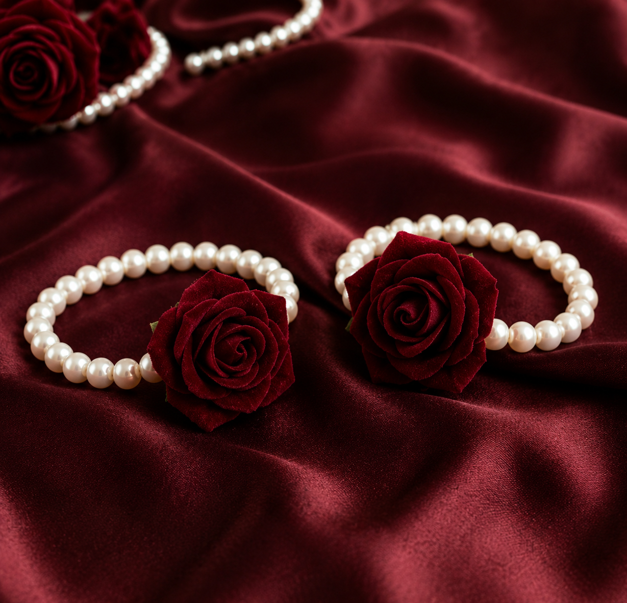 Red Rose Pearl Bracelet Set | Premium Artificial Flowers | Elegant Faux Pearl Wrist Bands | Lightweight & Comfortable | Perfect for Bridal, Wedding, Engagement, Festive & Return Gift Use