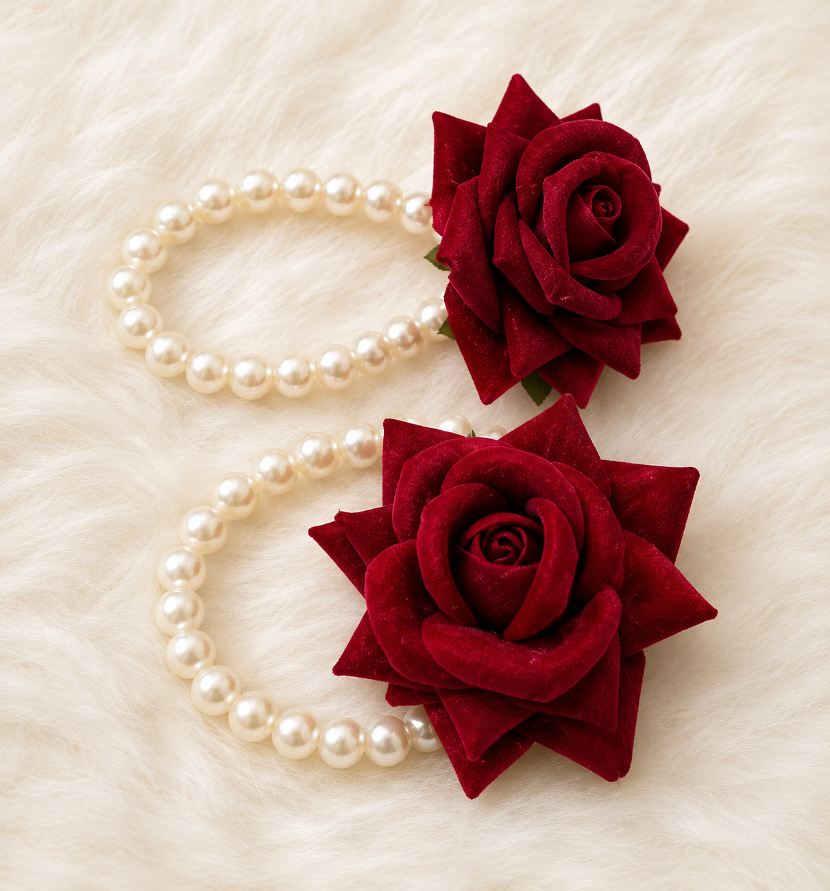 Red Rose Pearl Bracelet Set | Premium Artificial Flowers | Elegant Faux Pearl Wrist Bands | Lightweight & Comfortable | Perfect for Bridal, Wedding, Engagement, Festive & Return Gift Use