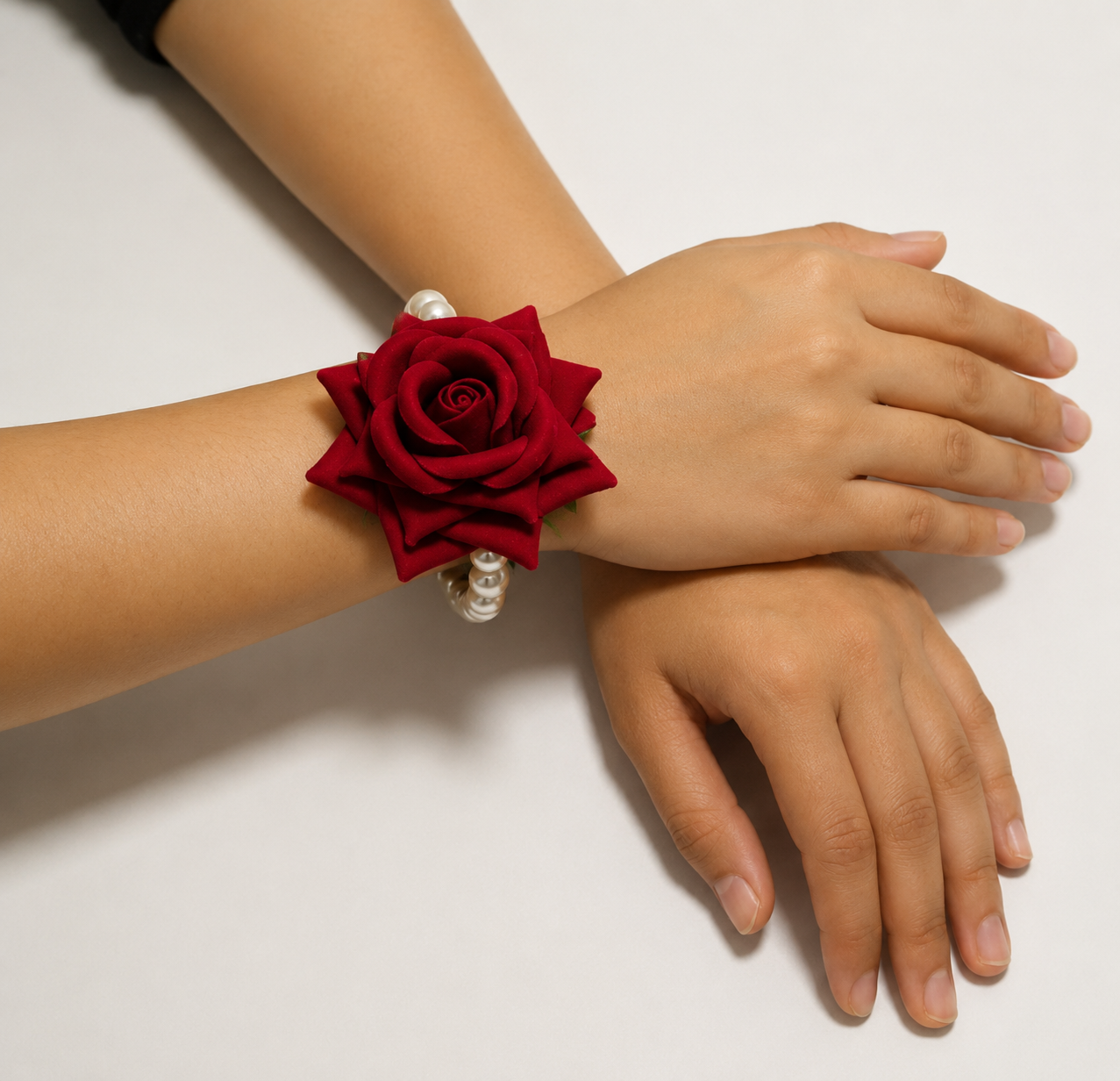 Red Rose Pearl Bracelet Set | Premium Artificial Flowers | Elegant Faux Pearl Wrist Bands | Lightweight & Comfortable | Perfect for Bridal, Wedding, Engagement, Festive & Return Gift Use