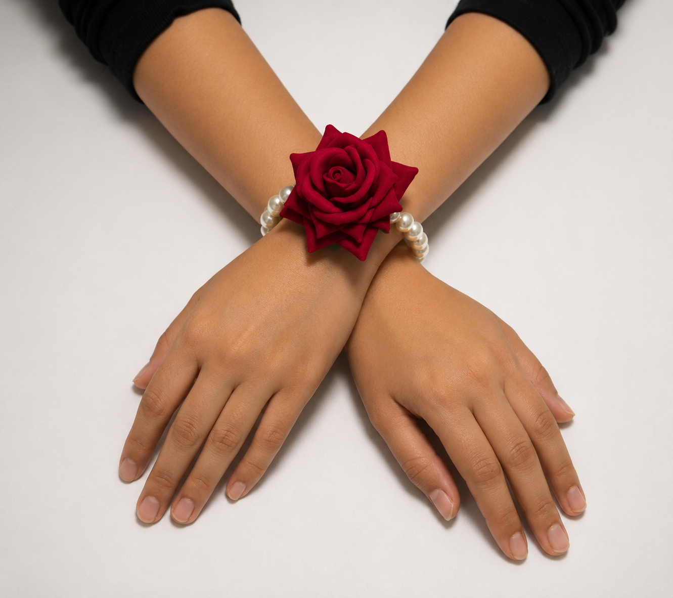 Red Rose Pearl Bracelet Set | Premium Artificial Flowers | Elegant Faux Pearl Wrist Bands | Lightweight & Comfortable | Perfect for Bridal, Wedding, Engagement, Festive & Return Gift Use