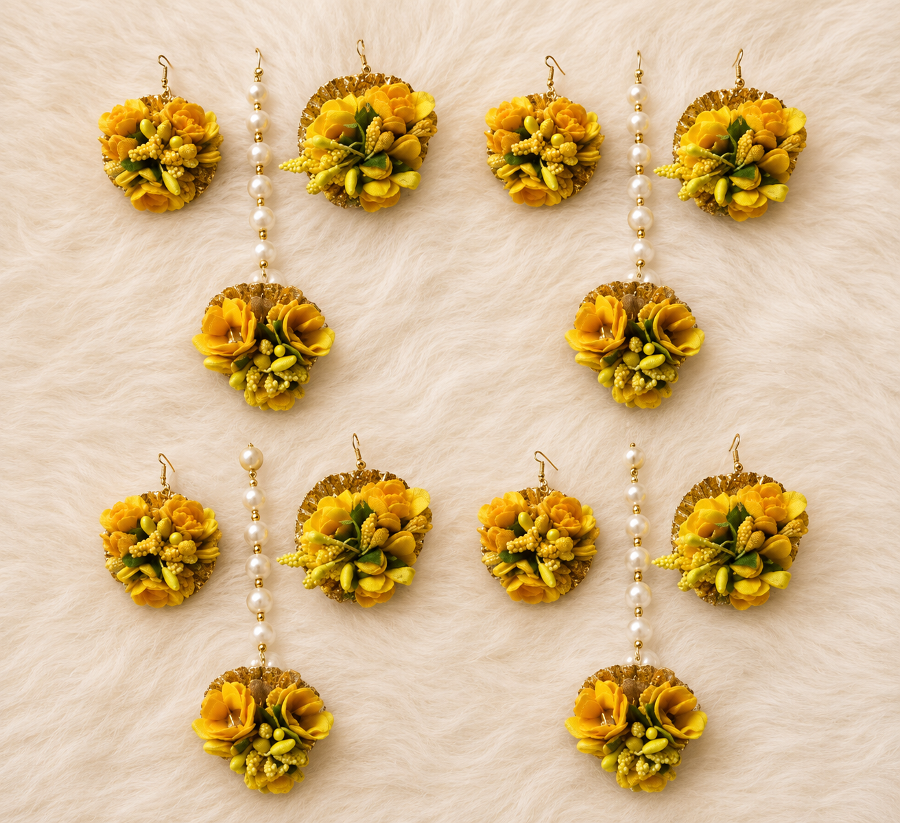 Yellow Floral Maang Tikka Set (Pack of 4) | Premium Artificial Flowers | Elegant Pearl Chain Detailing | Lightweight & Comfortable | Perfect for Haldi, Bridal, Wedding, Mehendi & Festive Occasions