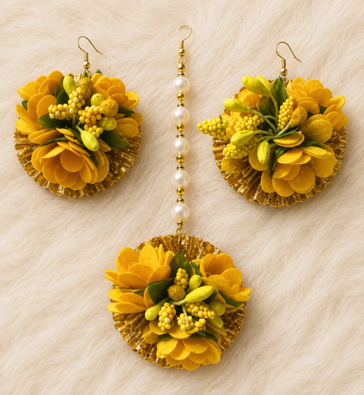 Yellow Floral Maang Tikka Set (Pack of 4) | Premium Artificial Flowers | Elegant Pearl Chain Detailing | Lightweight & Comfortable | Perfect for Haldi, Bridal, Wedding, Mehendi & Festive Occasions