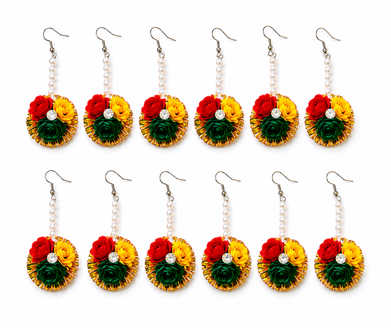 Floral Maang Tikka Set (Pack of 12) | Premium Artificial Flower Forehead Jewelry | Pearl Chain Head Accessory | Lightweight & Comfortable | Perfect for Haldi, Mehendi, Baby Shower, Bridal & Festive Occasions