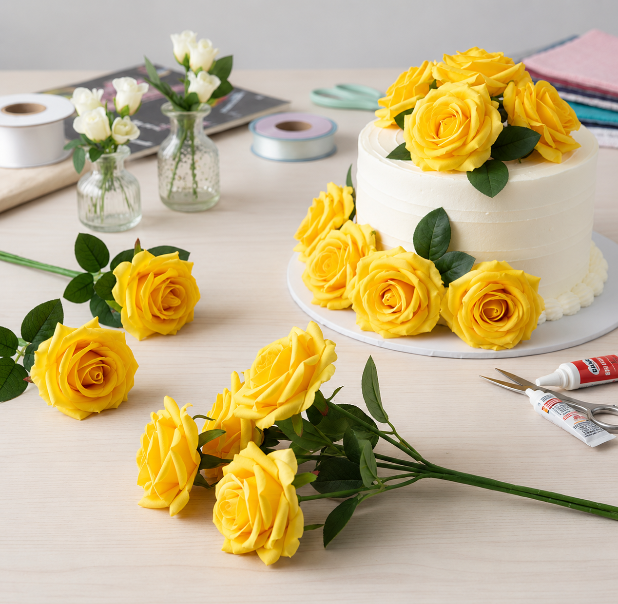 Yellow Rose Artificial Flower Heads (Pack of 10) | Realistic Cabbage Style Foam Roses | Premium Decorative Flowers for DIY Crafts, Bouquets, Cake Decoration, Wedding, Home Décor & Floral Arrangements