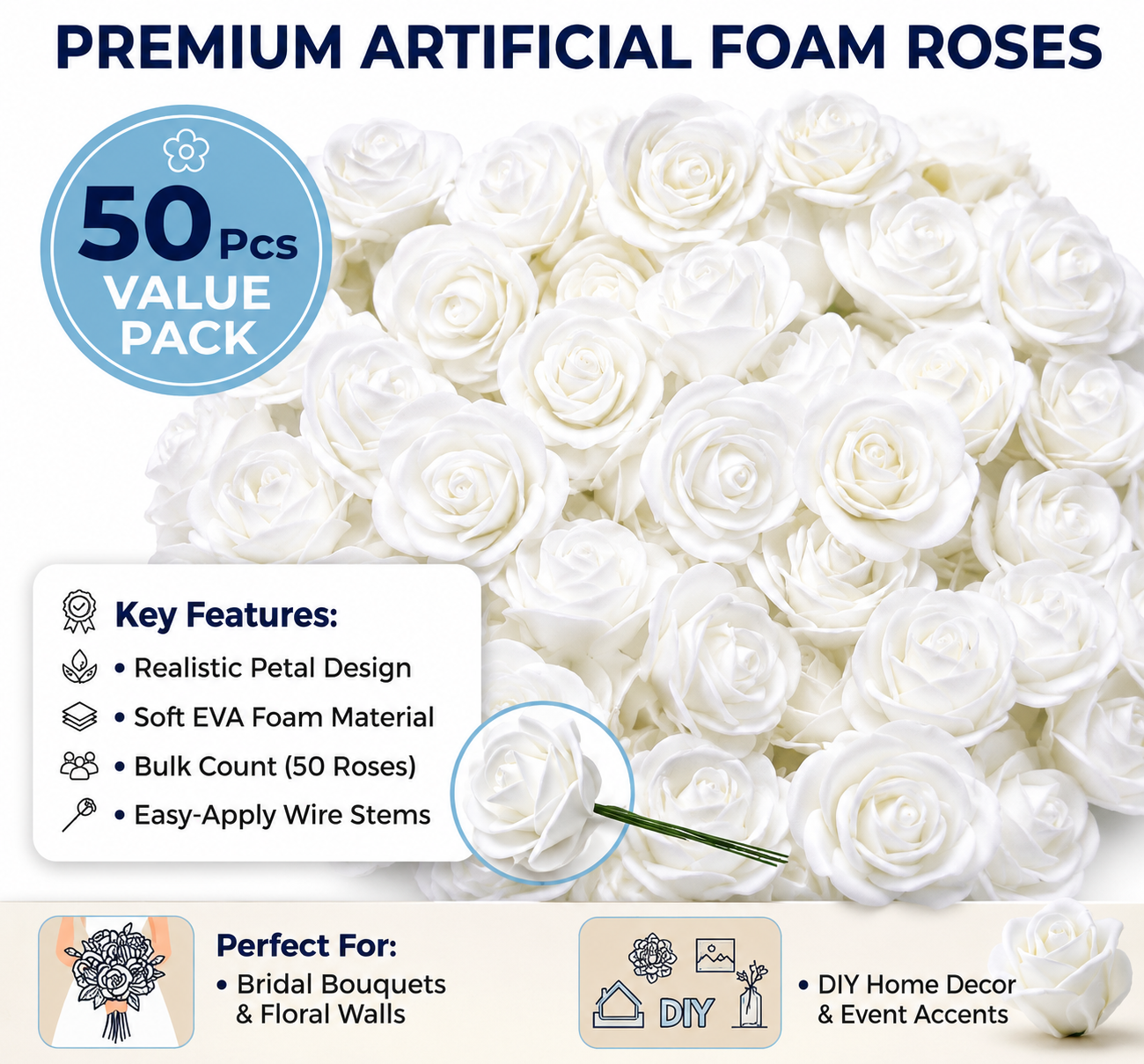 Artificial Foam Rose Flowers (Pack of 50) | Premium White Foam Roses | Realistic Floating Flowers for Pooja Thali, Festival Décor, Tiara Making, DIY Crafts, Home, Office, Bedroom & Event Decorations