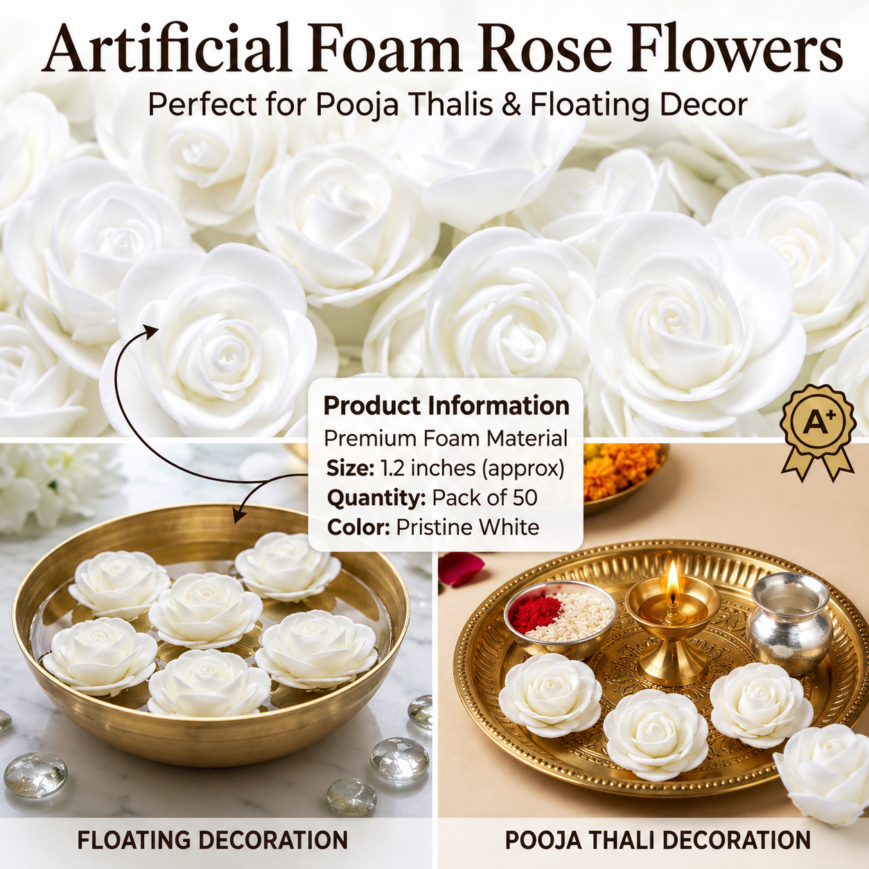 Artificial Foam Rose Flowers (Pack of 50) | Premium White Foam Roses | Realistic Floating Flowers for Pooja Thali, Festival Décor, Tiara Making, DIY Crafts, Home, Office, Bedroom & Event Decorations