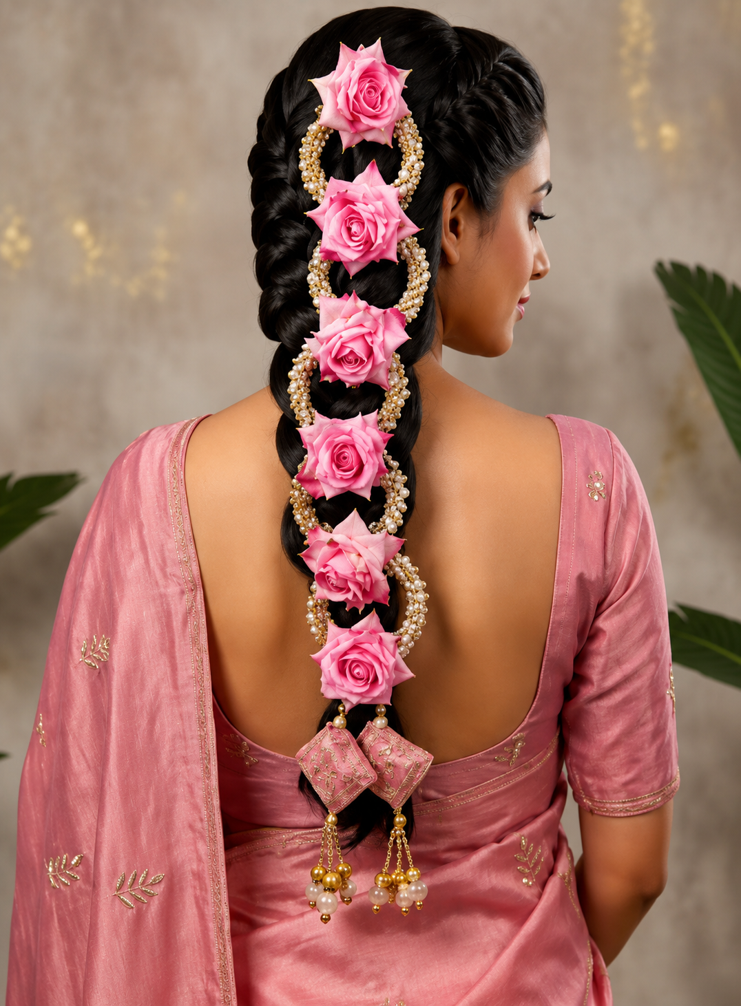 Elegant Rose Braid Accessory Set | Premium Artificial Roses | Traditional Gold Detailing | Tassel Finish | Lightweight & Comfortable for Bridal, Festive & Traditional Hairstyles