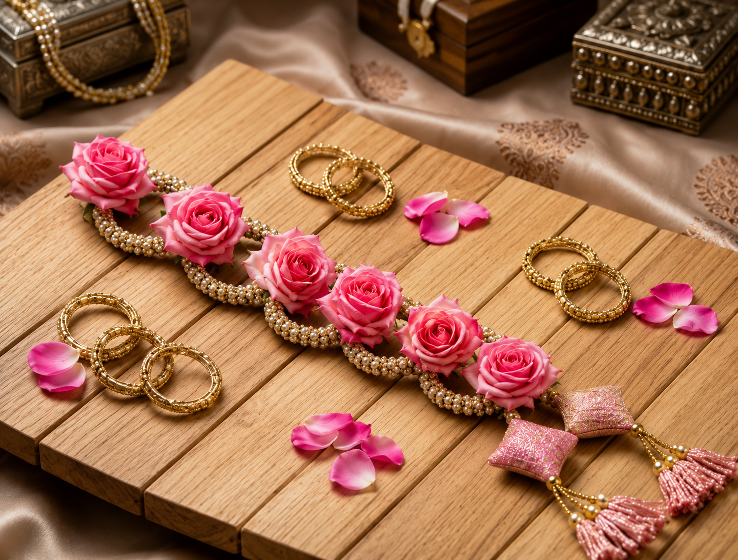 Elegant Rose Braid Accessory Set | Premium Artificial Roses | Traditional Gold Detailing | Tassel Finish | Lightweight & Comfortable for Bridal, Festive & Traditional Hairstyles