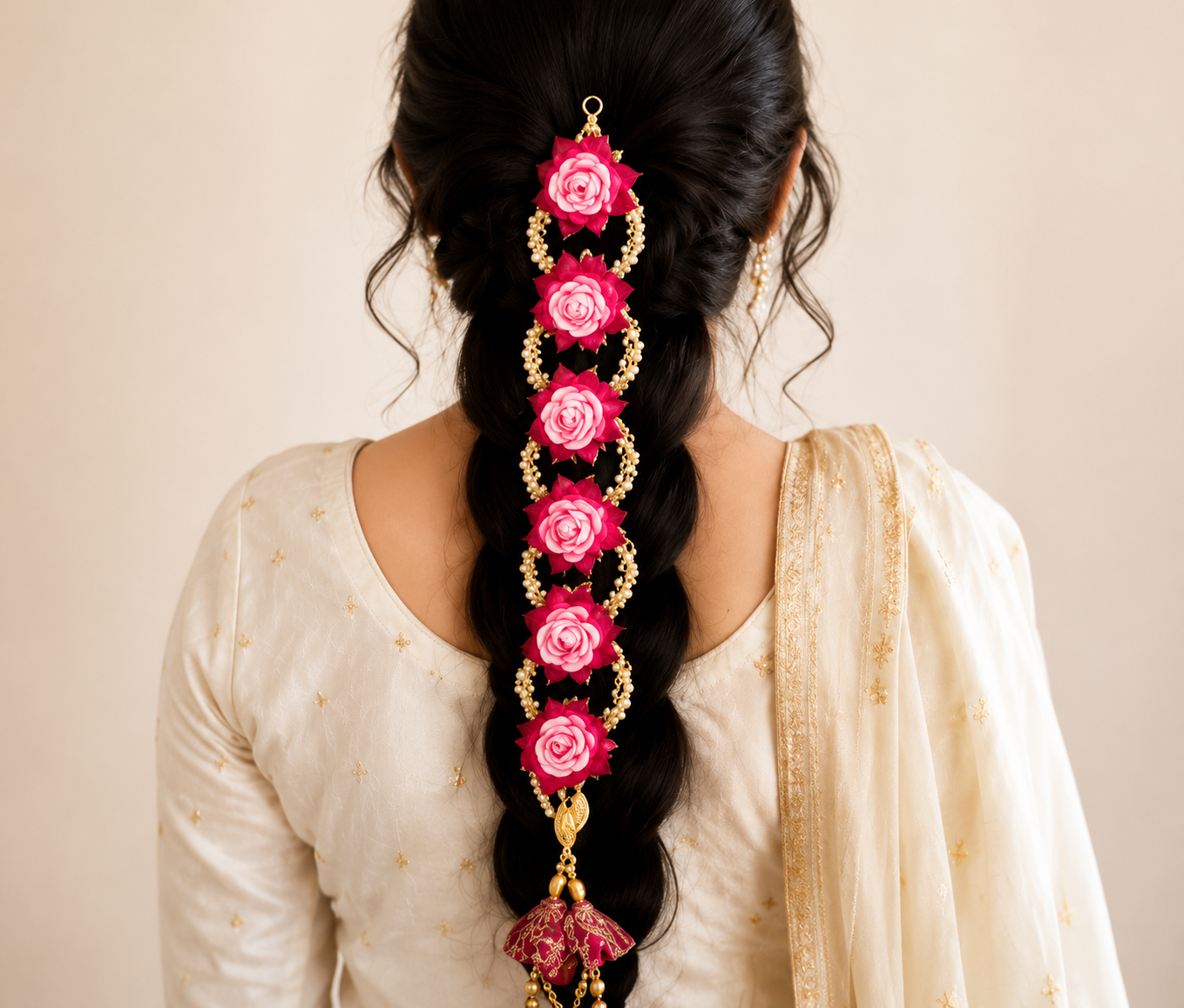 Elegant Floral Braid Accessory Set | Premium Pink Rose Design | Traditional Gold & Pearl Detailing | Lightweight Hair Decoration | Tassel Finish for Bridal, Festive & Traditional Hairstyles