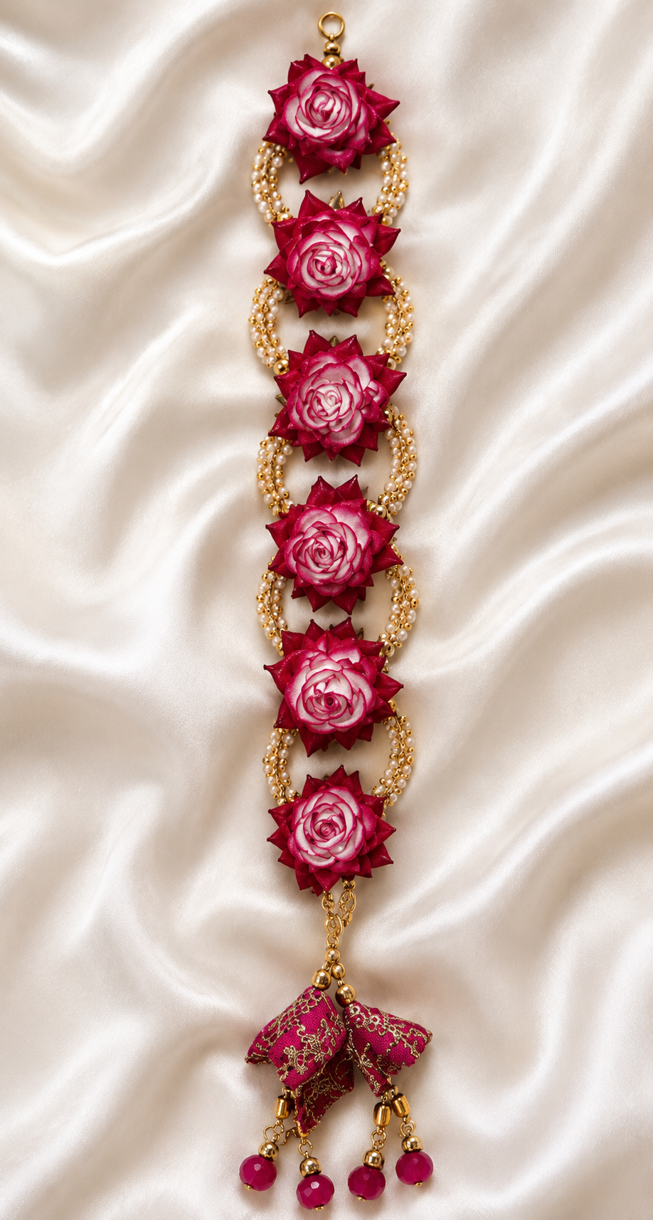 Elegant Floral Braid Accessory Set | Premium Pink Rose Design | Traditional Gold & Pearl Detailing | Lightweight Hair Decoration | Tassel Finish for Bridal, Festive & Traditional Hairstyles