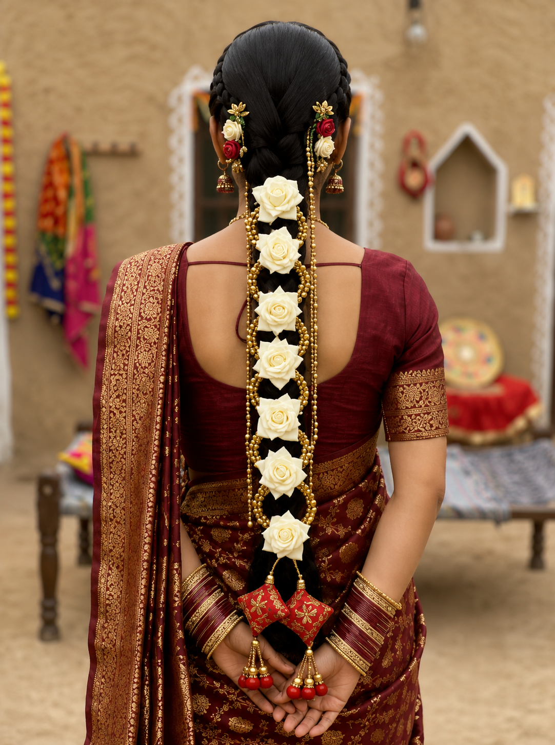 Royal White Rose Braid Accessory Set | Premium Artificial Flowers | Traditional Gold Bead Detailing | Elegant Tassel Finish | Lightweight Hair Decoration for Bridal, Festive & Cultural Hairstyles