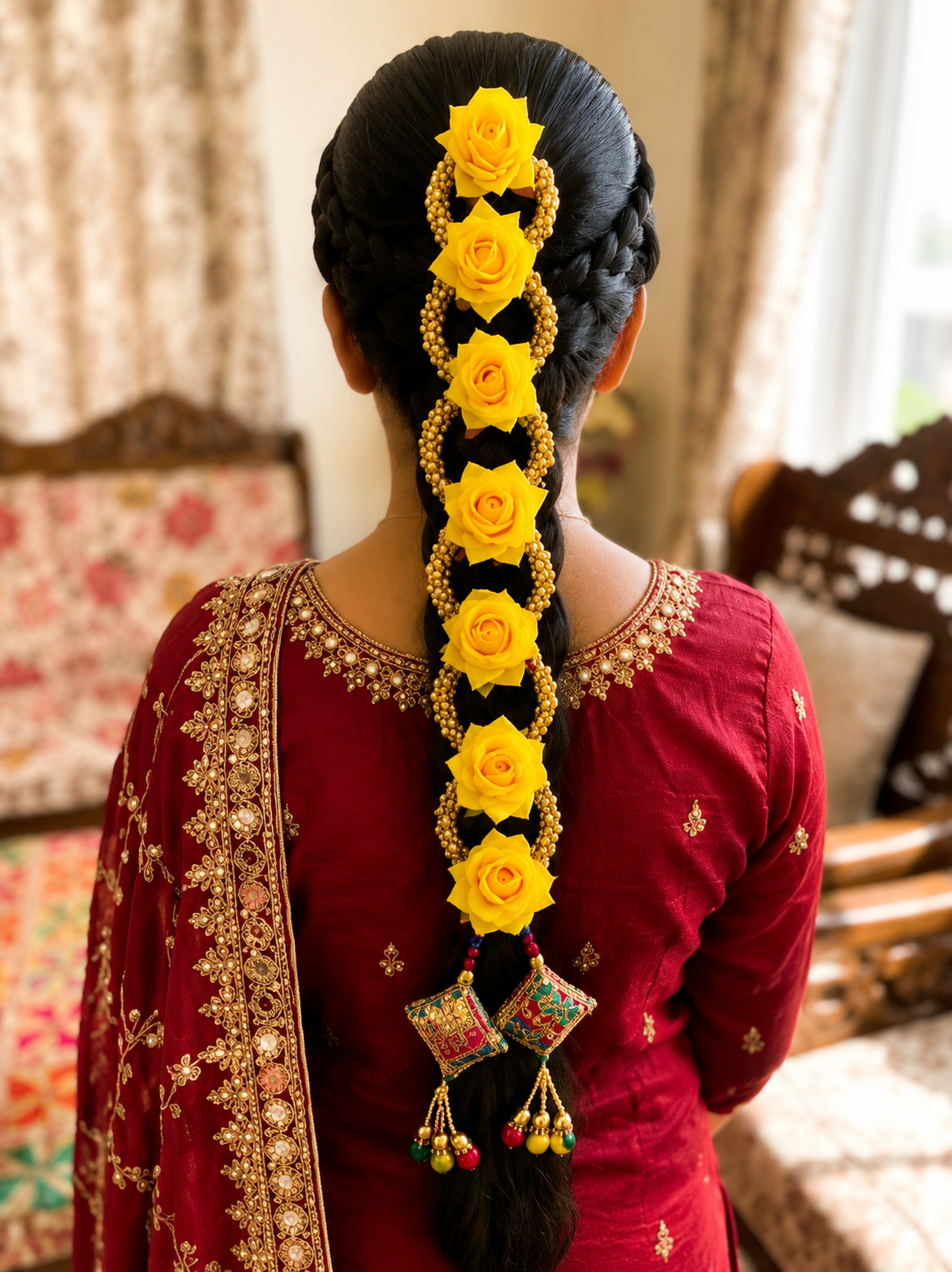 Sunshine Yellow Rose Braid Accessory Set | Premium Artificial Flowers | Traditional Gold Bead Detailing | Colorful Tassel Finish | Lightweight Hair Decoration for Bridal, Festive & Cultural Hairstyles