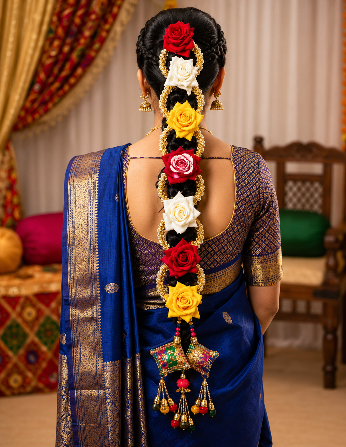 Multicolor Rose Braid Accessory Set | Premium Artificial Flowers | Red, White & Yellow Rose Design | Traditional Gold Bead Detailing | Decorative Tassel Finish | Lightweight for Bridal & Festive Hairstyles