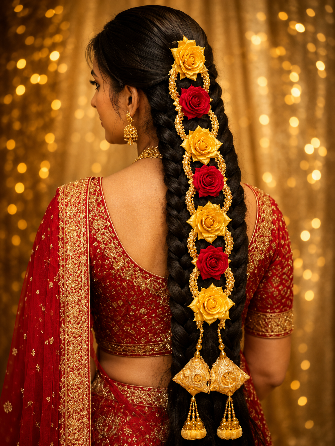 Red & Gold Rose Braid Accessory Set | Premium Artificial Flowers | Traditional Gold Bead Detailing | Elegant Tassel Finish | Lightweight Hair Decoration for Bridal, Wedding & Festive Hairstyles