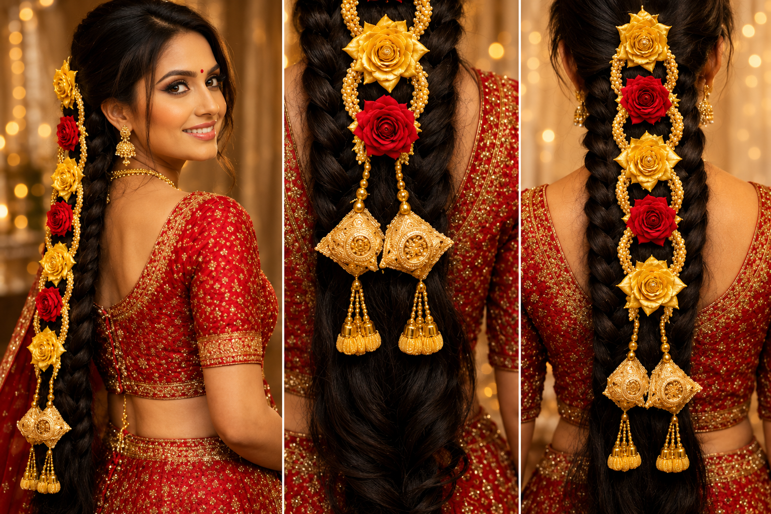 Red & Gold Rose Braid Accessory Set | Premium Artificial Flowers | Traditional Gold Bead Detailing | Elegant Tassel Finish | Lightweight Hair Decoration for Bridal, Wedding & Festive Hairstyles