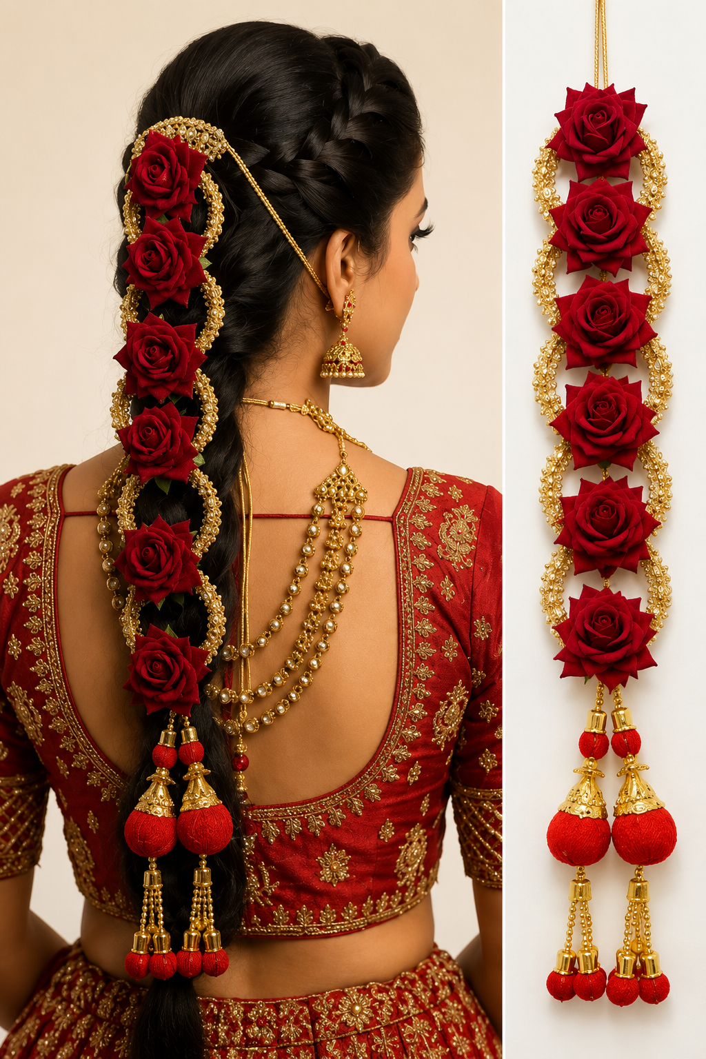 Luxury Red Rose Braid Accessory Set | Premium Artificial Flowers | Traditional Gold Bead Detailing | Elegant Tassel Finish | Lightweight Hair Decoration for Bridal, Wedding & Festive Hairstyles