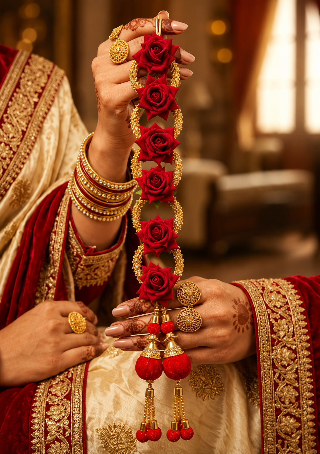 Luxury Red Rose Braid Accessory Set | Premium Artificial Flowers | Traditional Gold Bead Detailing | Elegant Tassel Finish | Lightweight Hair Decoration for Bridal, Wedding & Festive Hairstyles