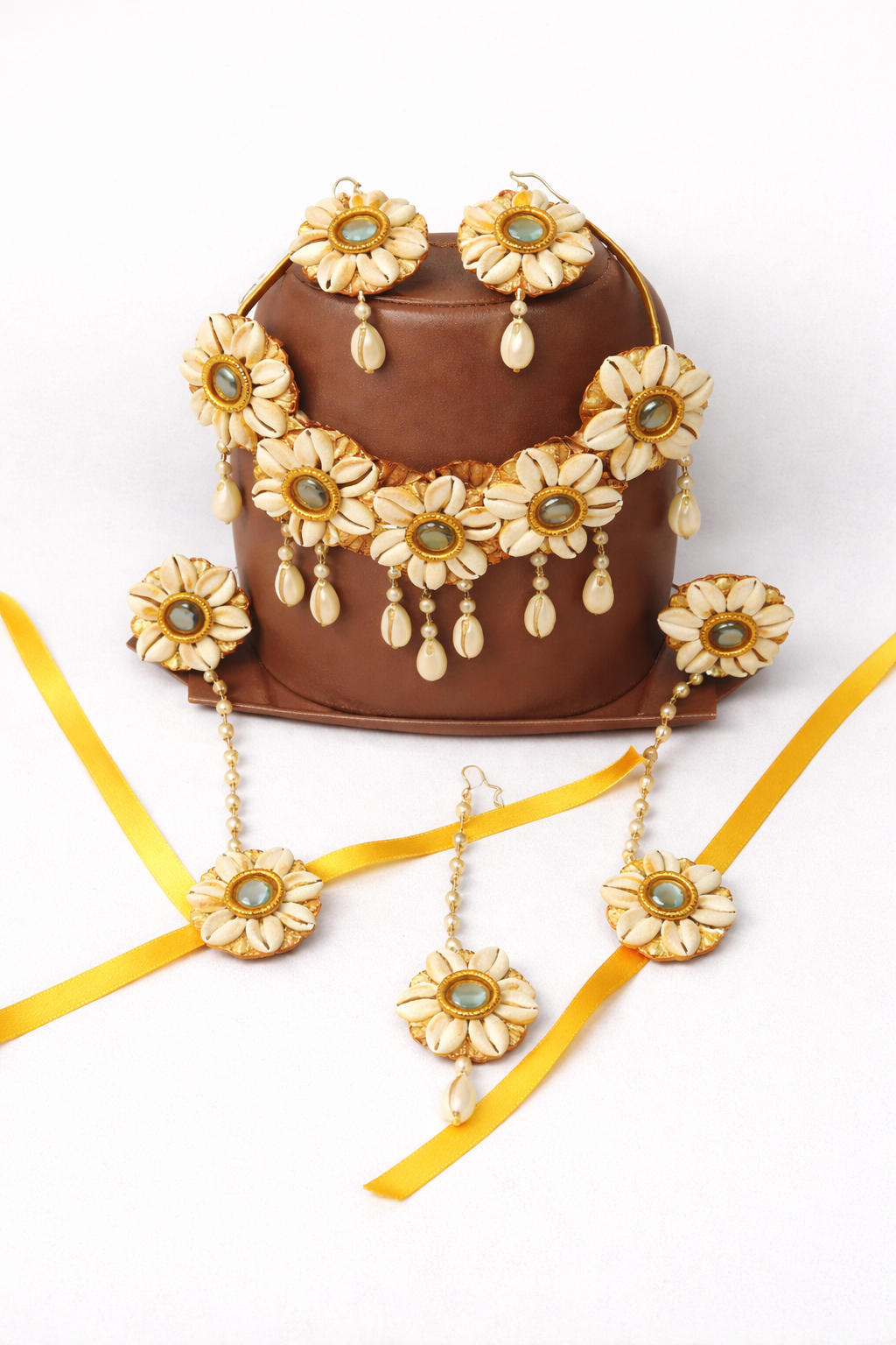 Traditional Gota Patti Bridal Jewellery Set with Cowrie Shell and White Flowers, Haldi Ceremony Necklace, Earrings, Bracelet, Maang Tika