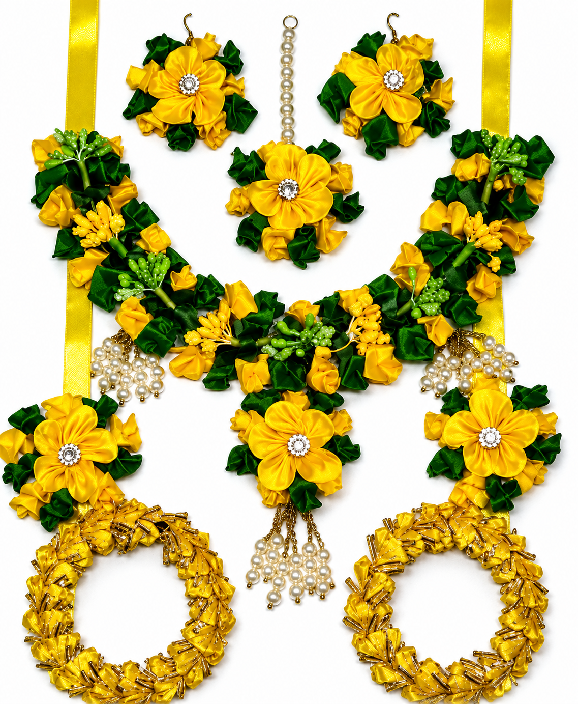 Handmade Yellow Green Floral Ribbon Jewelry Set for Haldi Ceremony, Mehndi & Wedding Functions