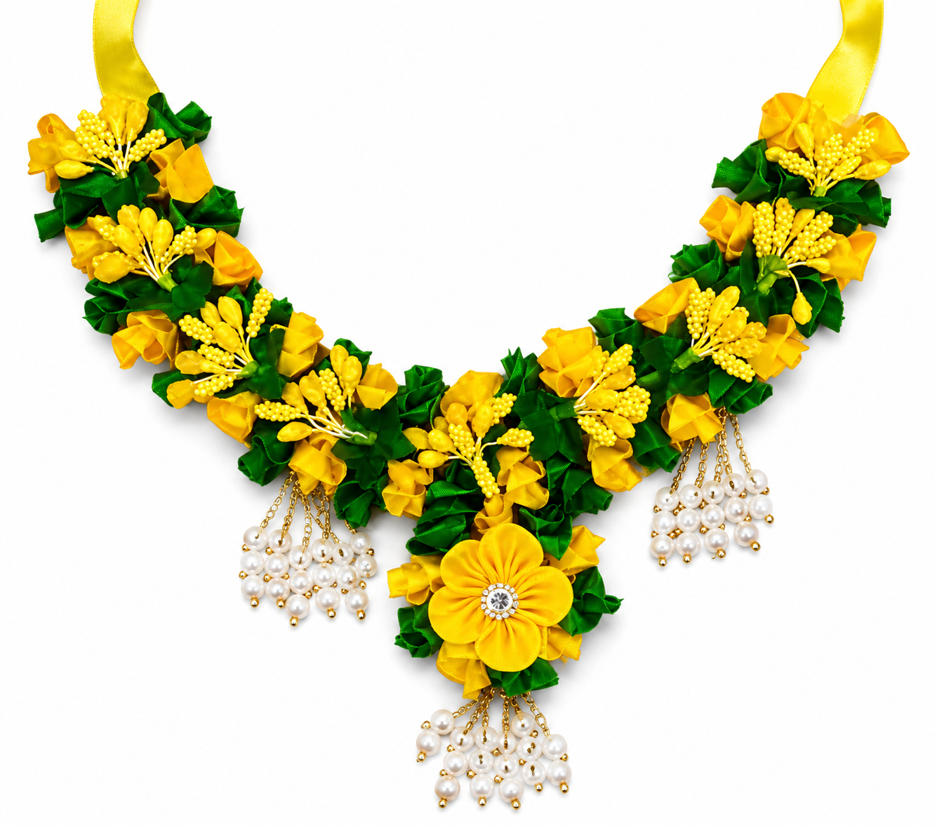 Handmade Yellow Green Floral Ribbon Jewelry Set for Haldi Ceremony, Mehndi & Wedding Functions