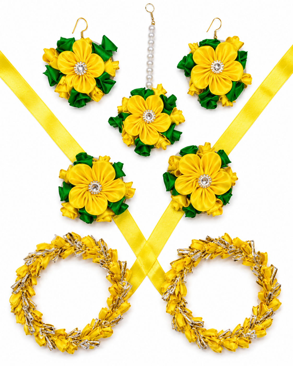 Handmade Yellow Green Floral Ribbon Jewelry Set for Haldi Ceremony, Mehndi & Wedding Functions