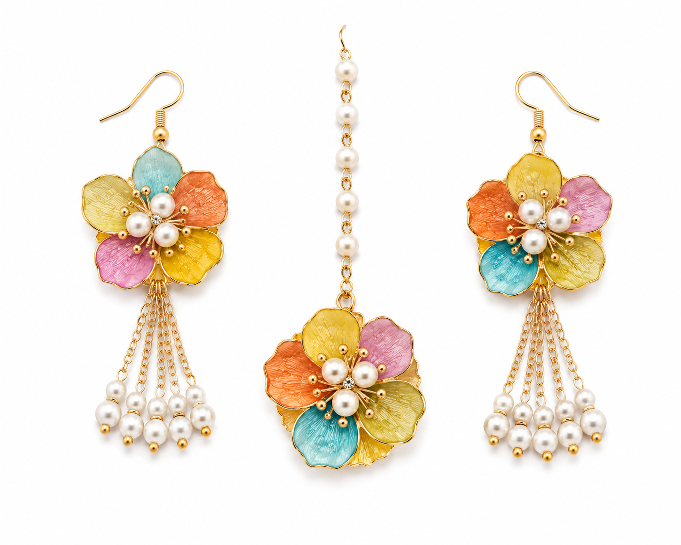 Multicolor Floral Jewellery Set for Women | Pastel Flower Earrings & Maang Tikka Set with Pearl Tassels | Haldi Mehndi Bridal Accessories | Wedding, Festive & Party Wear