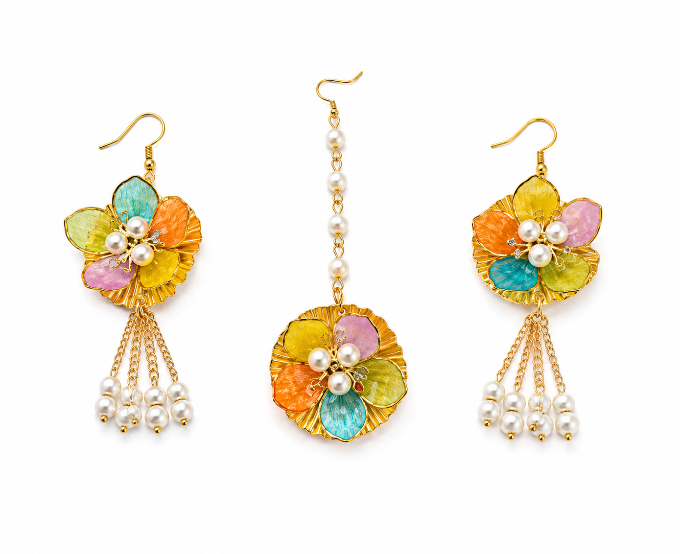 Multicolor Floral Jewellery Set for Women | Pastel Flower Earrings & Maang Tikka Set with Pearl Tassels | Haldi Mehndi Bridal Accessories | Wedding, Festive & Party Wear