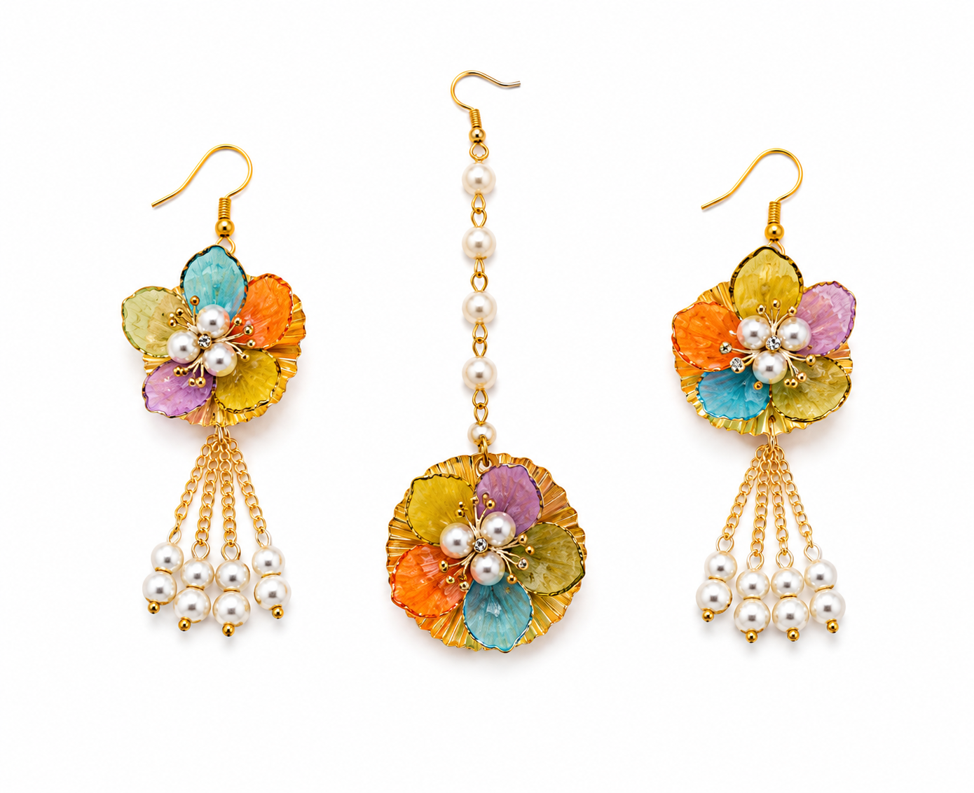 Multicolor Floral Jewellery Set for Women | Pastel Flower Earrings & Maang Tikka Set with Pearl Tassels | Haldi Mehndi Bridal Accessories | Wedding, Festive & Party Wear