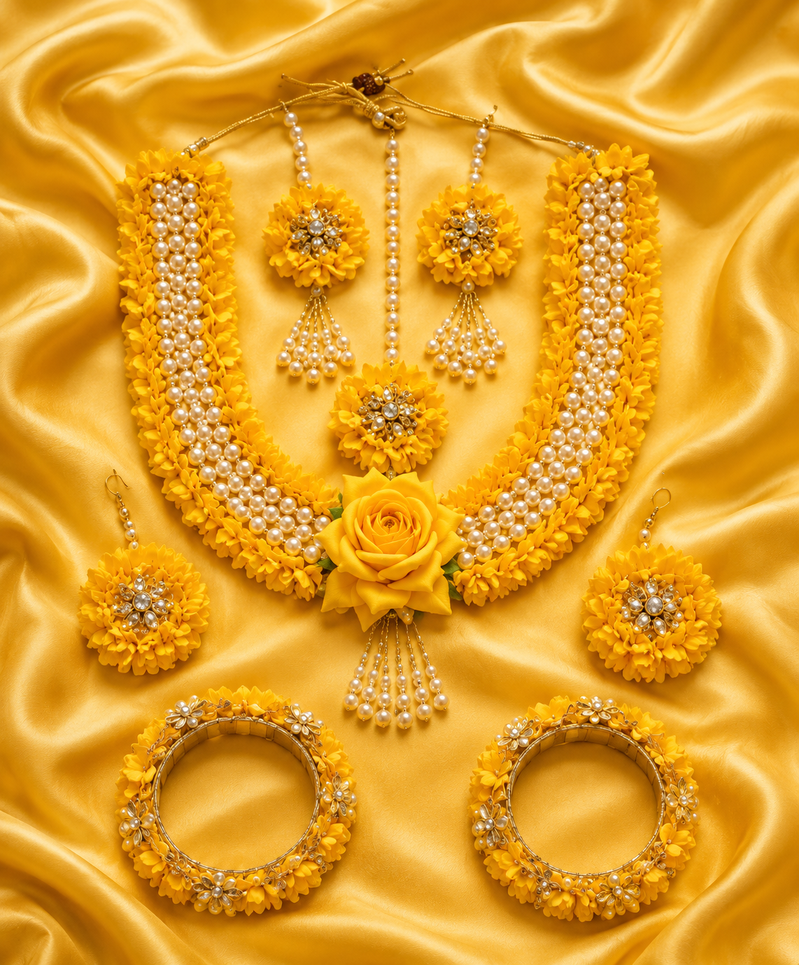 Yellow Floral Bridal Jewellery Set for Women | Haldi Jewellery Set with Necklace, Earrings, Maang Tikka & Bangles | Artificial Flower Pearl Bridal Jewellery for Mehndi Wedding Functions