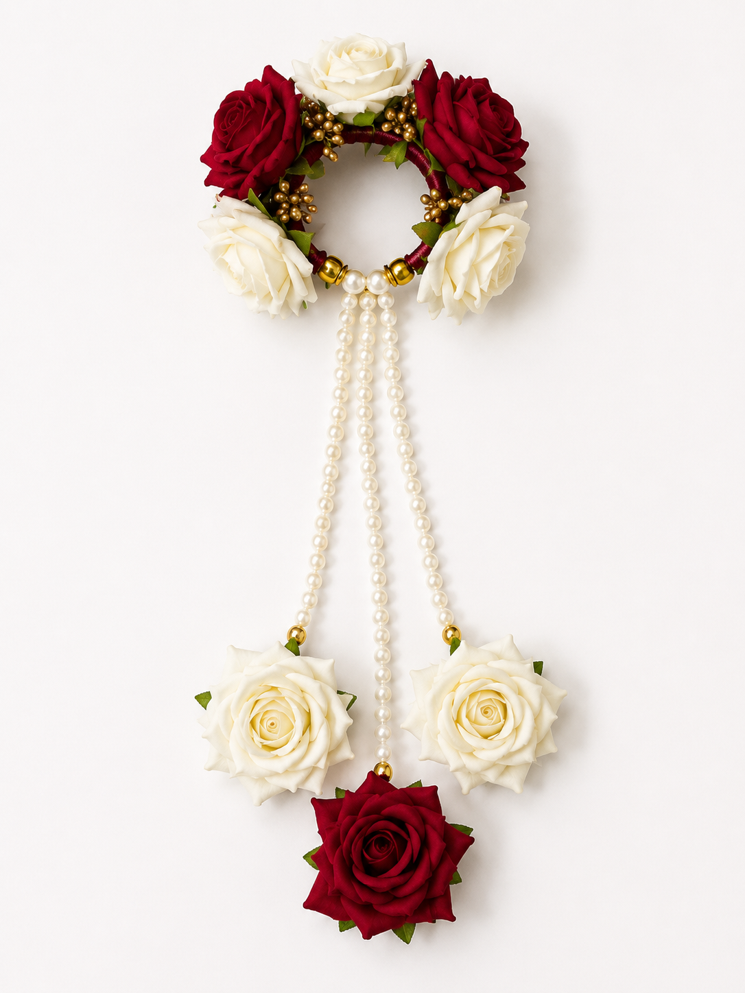 Bridal Floral Kaleera Set – Handmade Red & White Rose Kaleere with Pearl Strings for Wedding, Haldi & Mehendi