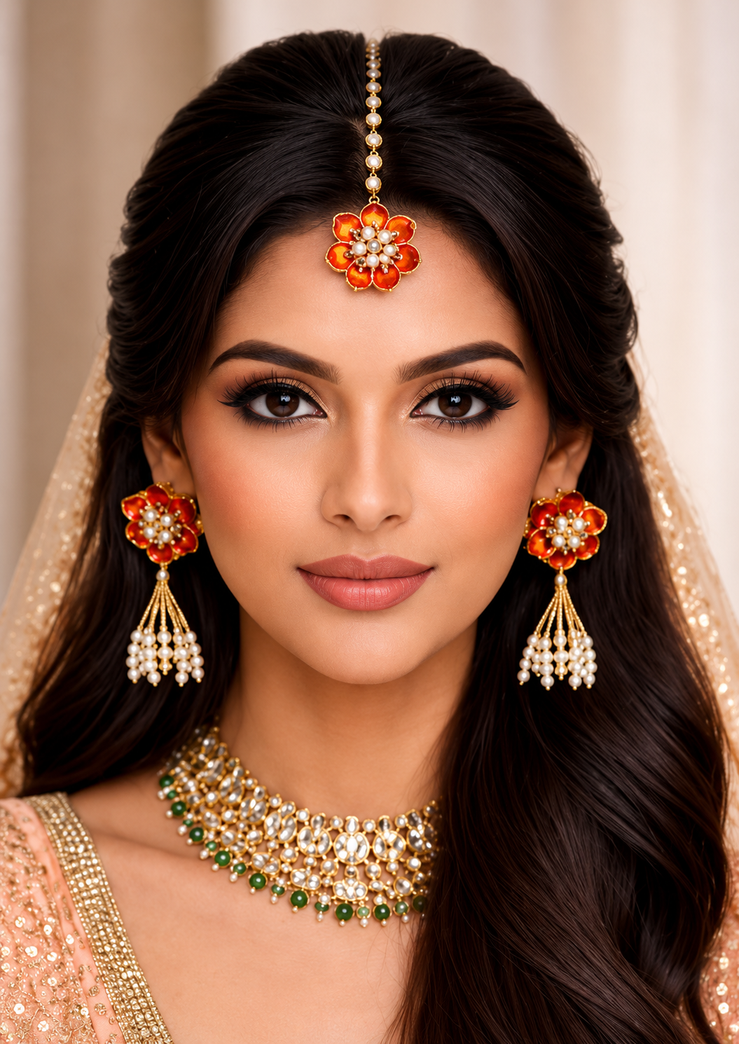 Orange Floral Jewelry Set – Handmade Earrings & Maang Tikka with Pearl Tassels for Haldi, Mehendi and Wedding Functions, 4 Pieces