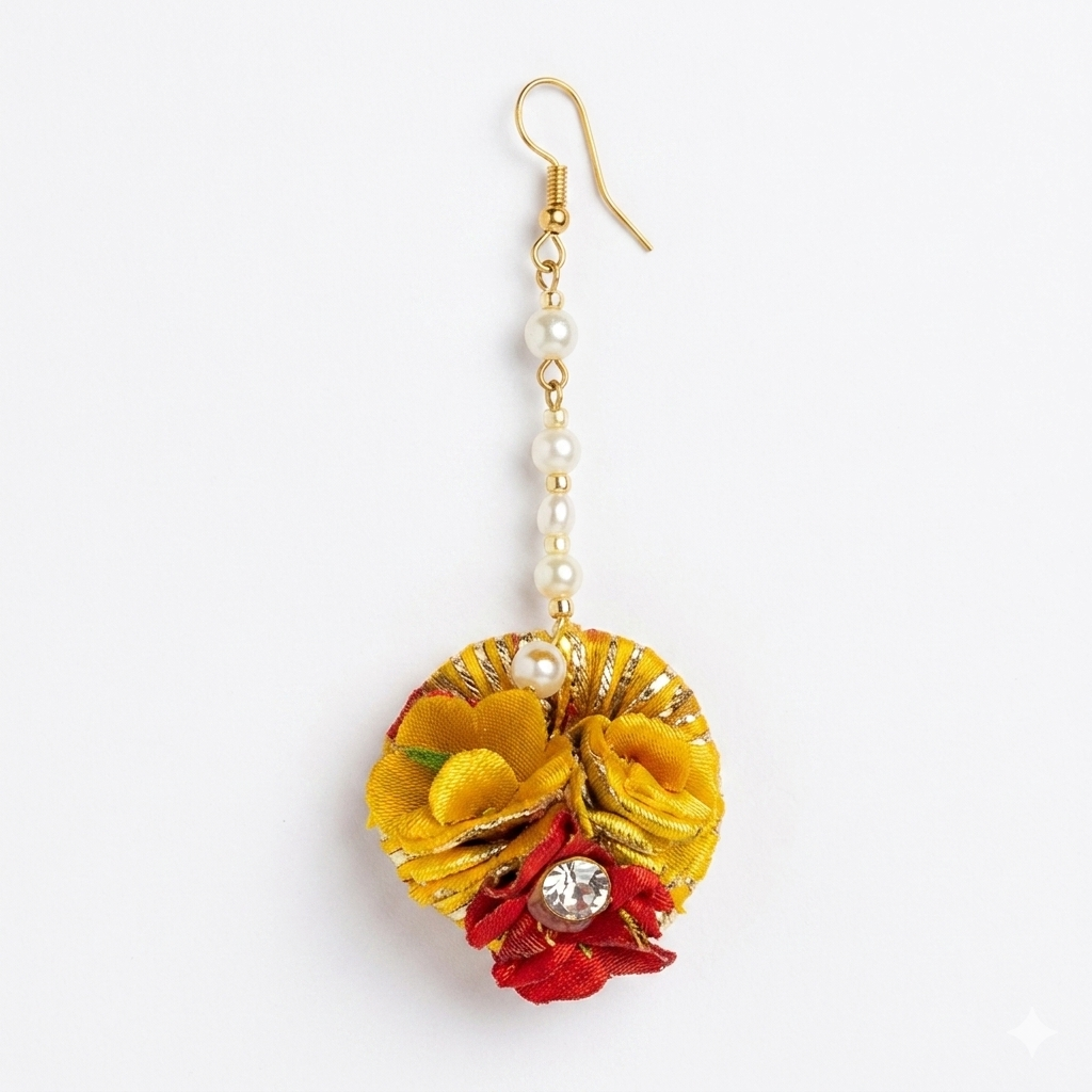 Artificial Yellow Flower Designer maangtika Earring combo For Women/ Flower Jewllery Floral Maangtika ,Earrings, Maang Tikkas for Women - Trendy matha patti, artificial jewelry, Mangtika for girls , Festive functions Haldi Mangtika 24 ps
