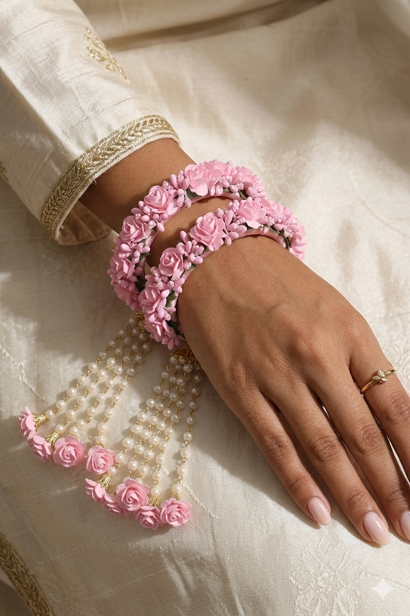 Haldi Bracelet Flower Bracelets for Haldi, Bridal Baby Shower, Mehndi, Godbharai Set For Women And Girls Floral Bangle for women | Haldi kada | latkan Kada for women